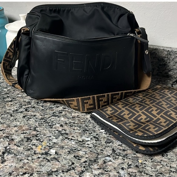 Fendi Black Messenger Bag with Logo Tan Strap - Picture 2 of 3
